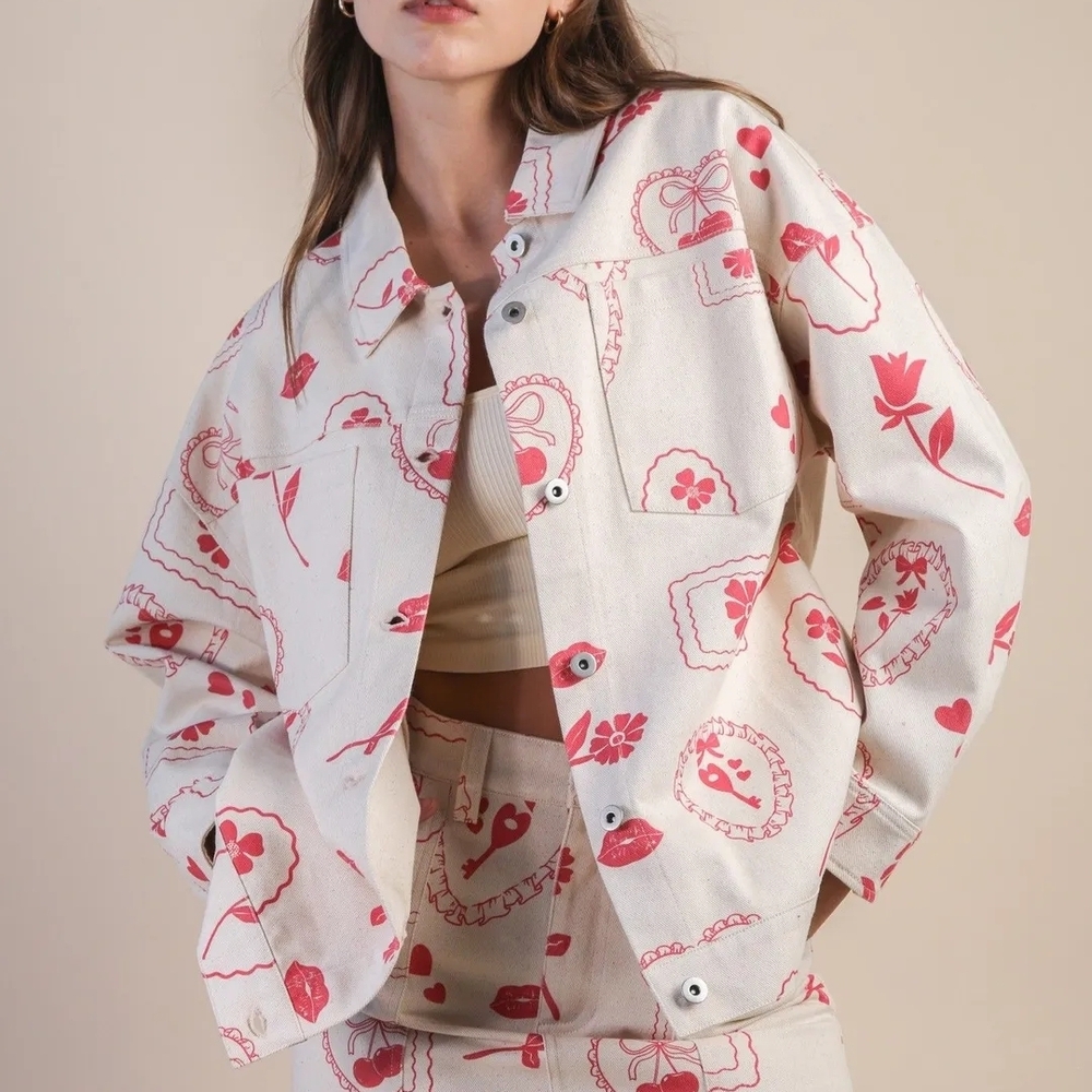 Very J Cream and Pink Graphic Jean Jacket